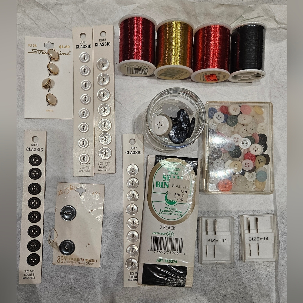 Assorted Vintage Sewing Buttons and Threads